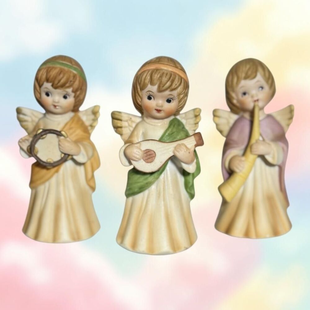 Lefton Angels Trio Bisque Musicians with Instruments Figurines 4.5"